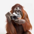 Orangutan photographer, monkey holds a camera and looks into the lens, close-up on a white