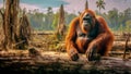 Orangutan rests on a tree stump, deforestation palm oil industry. Generative AI