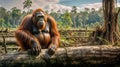 Orangutan rests on a tree stump, deforestation palm oil industry. Generative AI