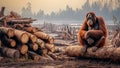 Orangutan rests on a tree stump, deforestation palm oil industry. Generative AI