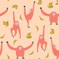 Orangutan seamless pattern repeat. Cute monkey vector illustrations with bananas in orange background