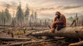 An orangutan sits on a log, the expansion of palm oil plantations. Generative AI