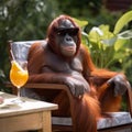 Orangutan in sunglasses with a glass of juice sits at a table, an orangutan on vacation close-up,