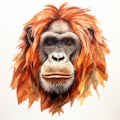 Orangutan Watercolor Painting: Low Poly Paper Craft On White Background