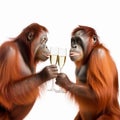 Orangutans hold glasses of champagne and clink glasses, playful congratulations, success, completion of the case,