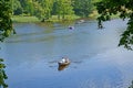 ORANIENBAUM, RUSSIA. Driving by boats on Nizhny to a pond