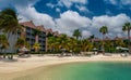 ORANJESTAD, ARUBA - October 12.2007: View on the tropical resort, sandy beach and turquoise sea. Royalty Free Stock Photo