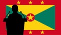 Orator Speaking From Tribune Grenada Flag Background. Public Speaker Speech In Grenada