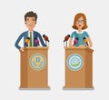 Orator speaking from tribune, podium. Press conference, interview concept. Vector flat illustration