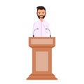 Orator speaking from tribune, public speaker character vector Illustration. A man in a white shirt is standing behind