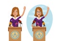 Orator speaks from rostrum. Publicly speech concept. Cartoon vector illustration