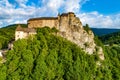 Oravský hrad na Slovensku. Letecký pohľad na východ slnka