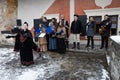 Local theater group perform on courtyard of Orava Castle in winter, Oravsky Podzamok, Slovakia