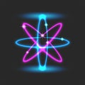 Orbital futuristic scientific atomic structure model, glowing blue pink neon design with sparks and energy lines