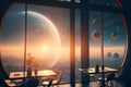 orbital space station cafe interior with large transparent windows with blue planet behind, sci-fi futuristic style Royalty Free Stock Photo