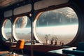 orbital space station cafe interior with large transparent windows with blue planet behind, sci-fi futuristic style Royalty Free Stock Photo