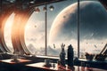 orbital space station cafe interior with large transparent windows with blue planet behind, sci-fi futuristic style Royalty Free Stock Photo