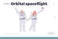 Orbital spaceflight concept for landing page with happy spaceman and spacewoman wedding in space