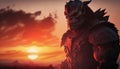 An orc in front of a twilight sky the sun setting behind him leaving him in an ethereal light. Fantasy art. AI