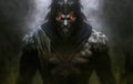 An orc standing still shrouded in darkness and fog yet with a fierce determination ablaze in his eyes. Fantasy art. AI