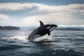 orca breaching in the open ocean, creating a splash Royalty Free Stock Photo