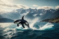 orca jumping out of ocean water with mountains. ai generative