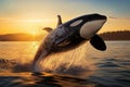 An orca jumping out of the water in mid-air.