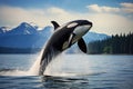 Orca killer whale jumping out of water. Alaska, USA, Big orca whale jumping out of the sea, AI Generated Royalty Free Stock Photo