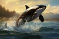 Orca killer whale jumping out of the water. 3D rendering, Big orca whale jumping out of the sea, AI Generated Royalty Free Stock Photo