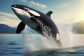 Orca killer whale jumping out of the water. 3d rendering, Big orca whale jumping out of the sea, AI Generated Royalty Free Stock Photo