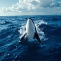 Orca Whale Breaching Ocean Surface with Splashing Water and Cloudy Sky Royalty Free Stock Photo