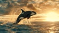 orca whale jumping out of the water at sunset in motion Royalty Free Stock Photo