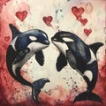 Orca whales love hearts watercolor