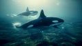 Orcas underwater in the Sea
