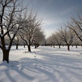 An orchard with bare fruit trees covered in snow Royalty Free Stock Photo
