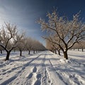 An orchard with bare fruit trees covered in snow Royalty Free Stock Photo