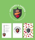 Orchard and Garden logo. Gardening tools and farming equipment. Logo consist of symbol gardening shovel and some ripe vegetables.