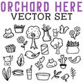 Orchard Here Vector Set with trees, flowers, cats, squirrels, birds, cans, plants, water, and hearts.