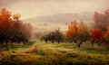 Orchard scenic in autumn landscape, digital illustration