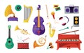 Orchestra. Music instruments piano, guitar strings for children education or hobby, trumpet rock entertainment