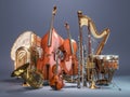 Orchestra musical instruments on grey background. 3D rendering Royalty Free Stock Photo