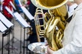 Orchestra musician playing big brass tuba during orchestra fest Royalty Free Stock Photo