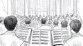 Choir Performance with Sheet Music in Grand Building Line Art Royalty Free Stock Photo