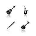 Orchestral musical instruments drop shadow black glyph icons set