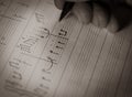 Orchestral or piano score written by a music master, composer at work while writing music on a stave, detail of the sheet, hand Royalty Free Stock Photo