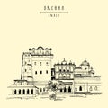 Vector Orchha, India postcard. Orchha fort in Madhya Pradesh state. Jahangir Mahal palace. Travel sketch line art drawing. Vintage Royalty Free Stock Photo