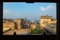 Orchha Palace, sunny day and blue sky, framed view, looking through window. Also spelled Orcha, famous travel destination in India Royalty Free Stock Photo