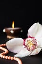 Orchid flower, coral beads and a burning candle on a black background