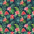 Orchid flower Seamless watercolor floral pattern tropical background palm leaf monstera. Jungle wallpaper Hawaiian style Royalty Free Stock Photo