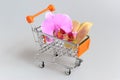 Orchid flowers in pushcart on gray